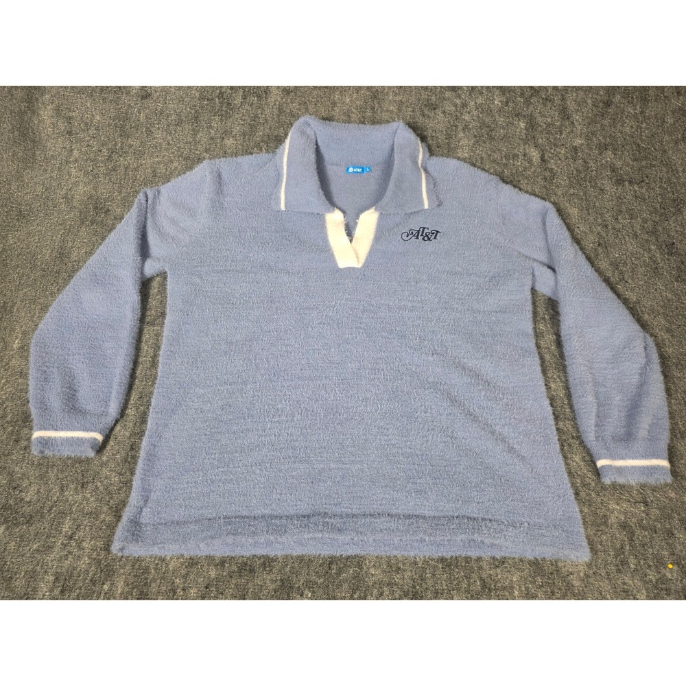Womens Sweater L Blue Fuzzy Eyelash Knit Johnny Collar Polo Pullover AT&T Promo